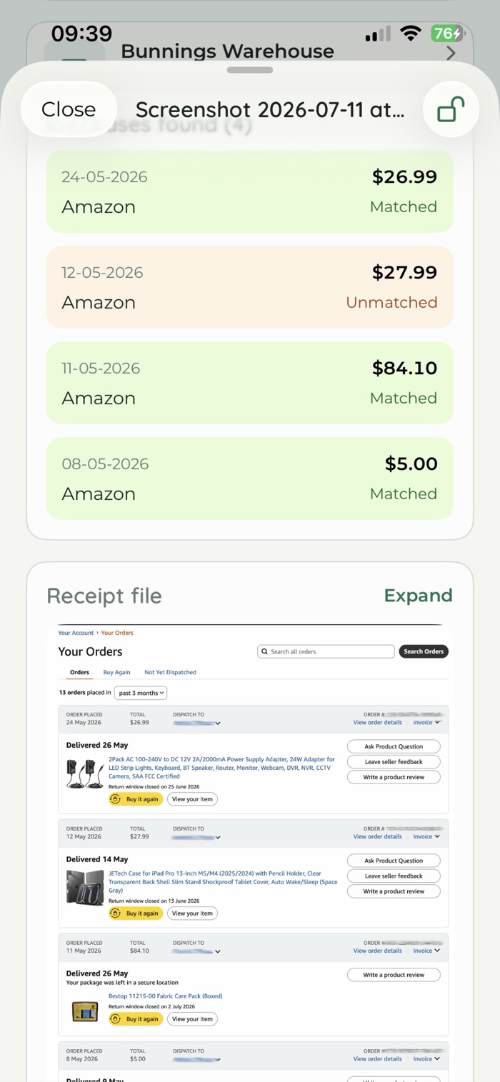 The iPhone app showing a list of receipts and a receipt matched to purchases